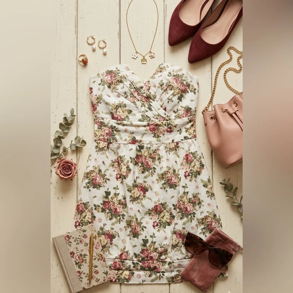 Strapless Cottagecore Floral Mini Denim Dress - Picture 1 of 9